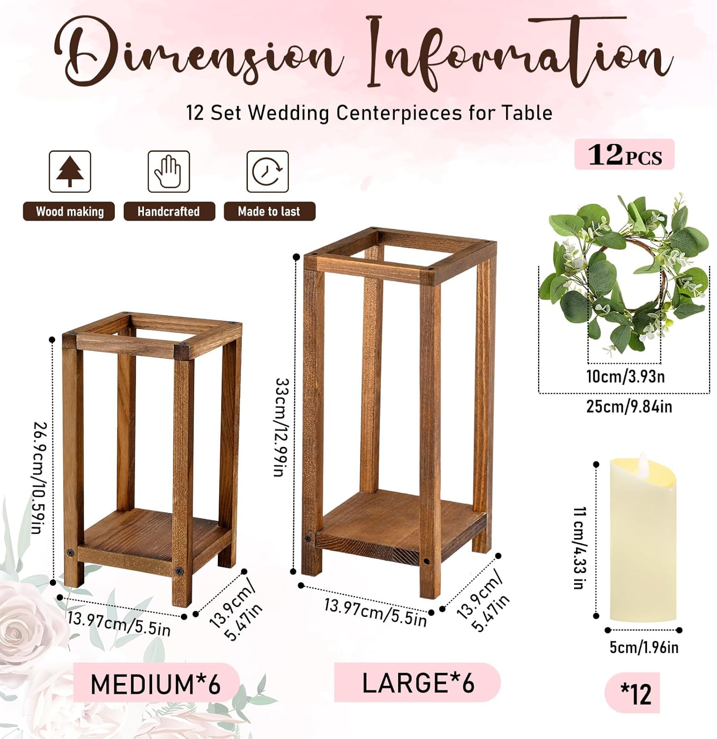 Geelin 12 Set 10.59'', 13'' Brown Wooden Lanterns for Wedding Centerpieces Include 12 Wooden Lantern 12 LED Candle 12 Eucalyptus Leaves Wreath for Wedding Baby Shower Farmhouse Table Decor