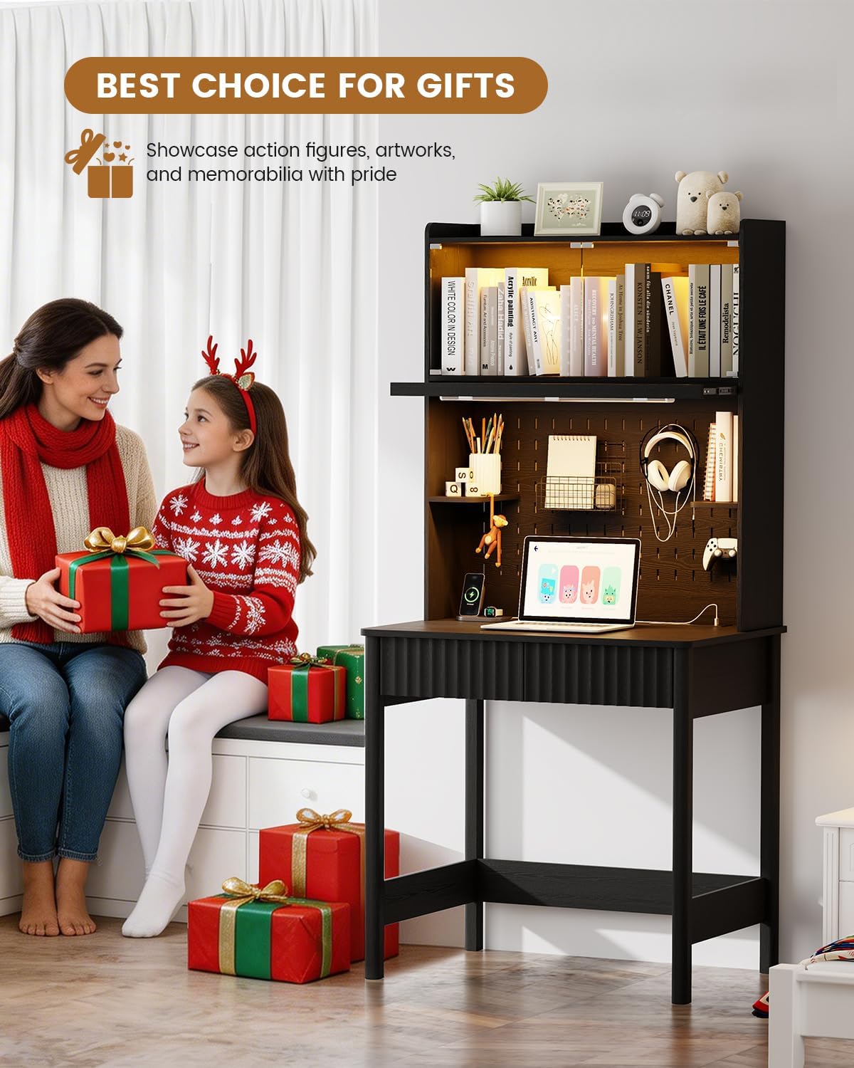 HNEBC Black Computer Desk - with Power Outlets & Chariging Station,Small Writing Desk with Hutch and Drawers,66.3''H Office Desk with Pull-Out LED Lights,Pop-up Glass Door,Pegboards,Bedroom
