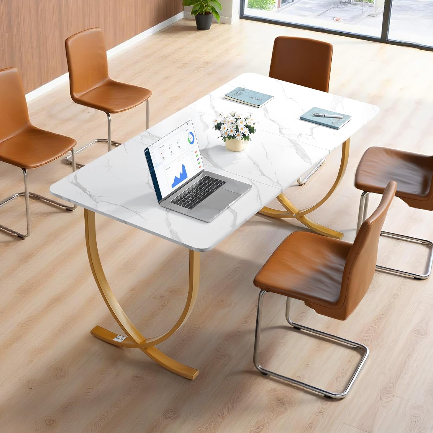 VEVOR Executive Desk, 63' W x 31.5' D Large Office Desk, Modern Computer Table Conference Meeting Room Table, Business Furniture Enlarged Desktop for Home Office, White and Gold