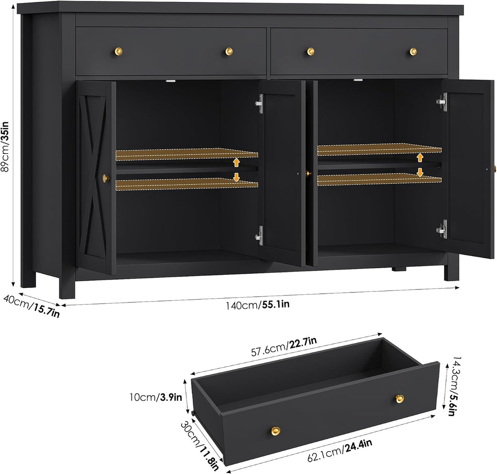 FOTOSOK Sideboard Buffet Cabinet with Storage, 55' Large Kitchen Storage Cabinet with 2 Drawers and 4 Doors, Wood Coffee Bar Buffet Table for Kitchen Dining Room, Black