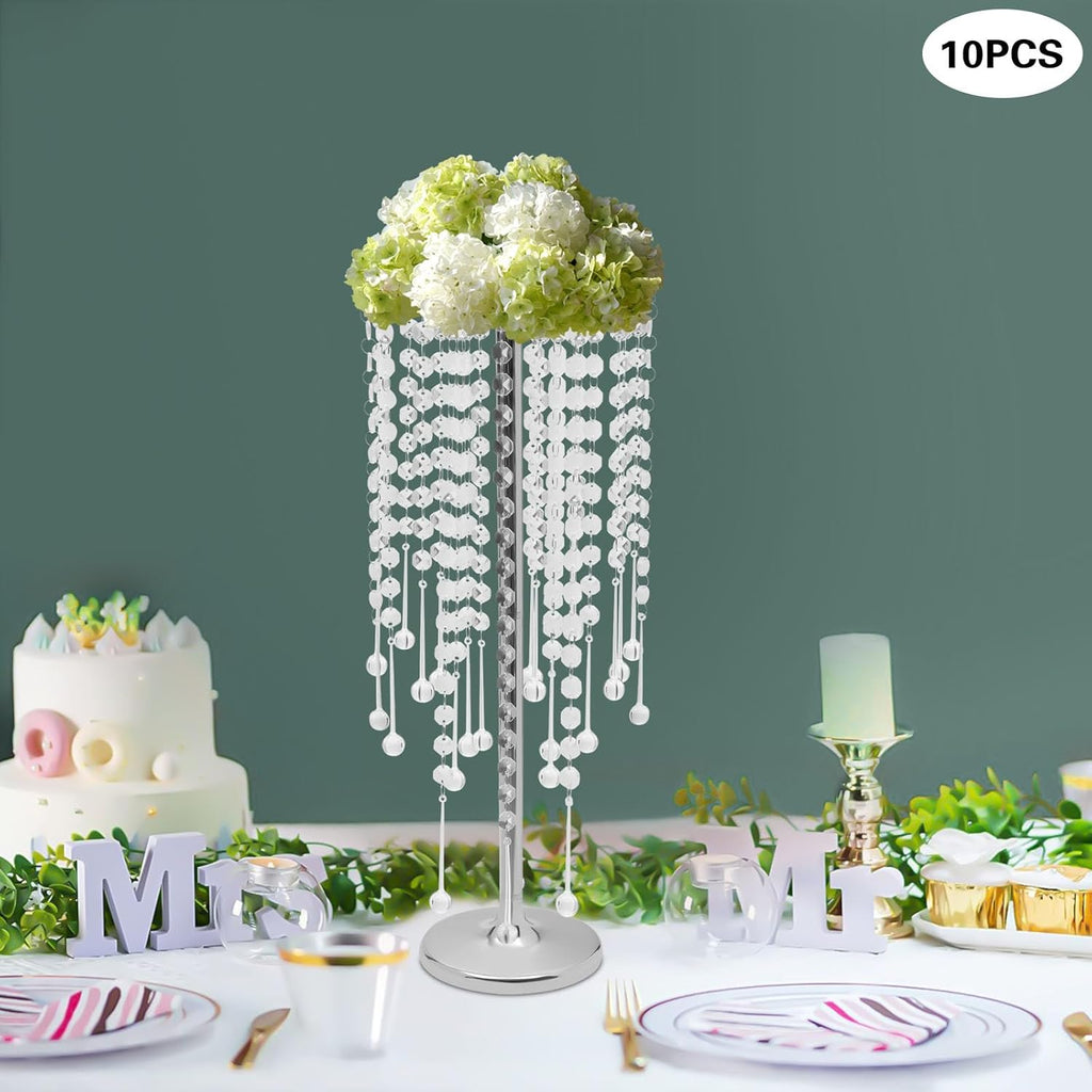 10PCS Crystal Flower Stand Wedding Centerpieces 21.7 Inch Tall Sliver Vases Metal Flower Candle Holder with Sparkling Crystal for Table Wedding Party Dinner Event Decor (Silver-7)