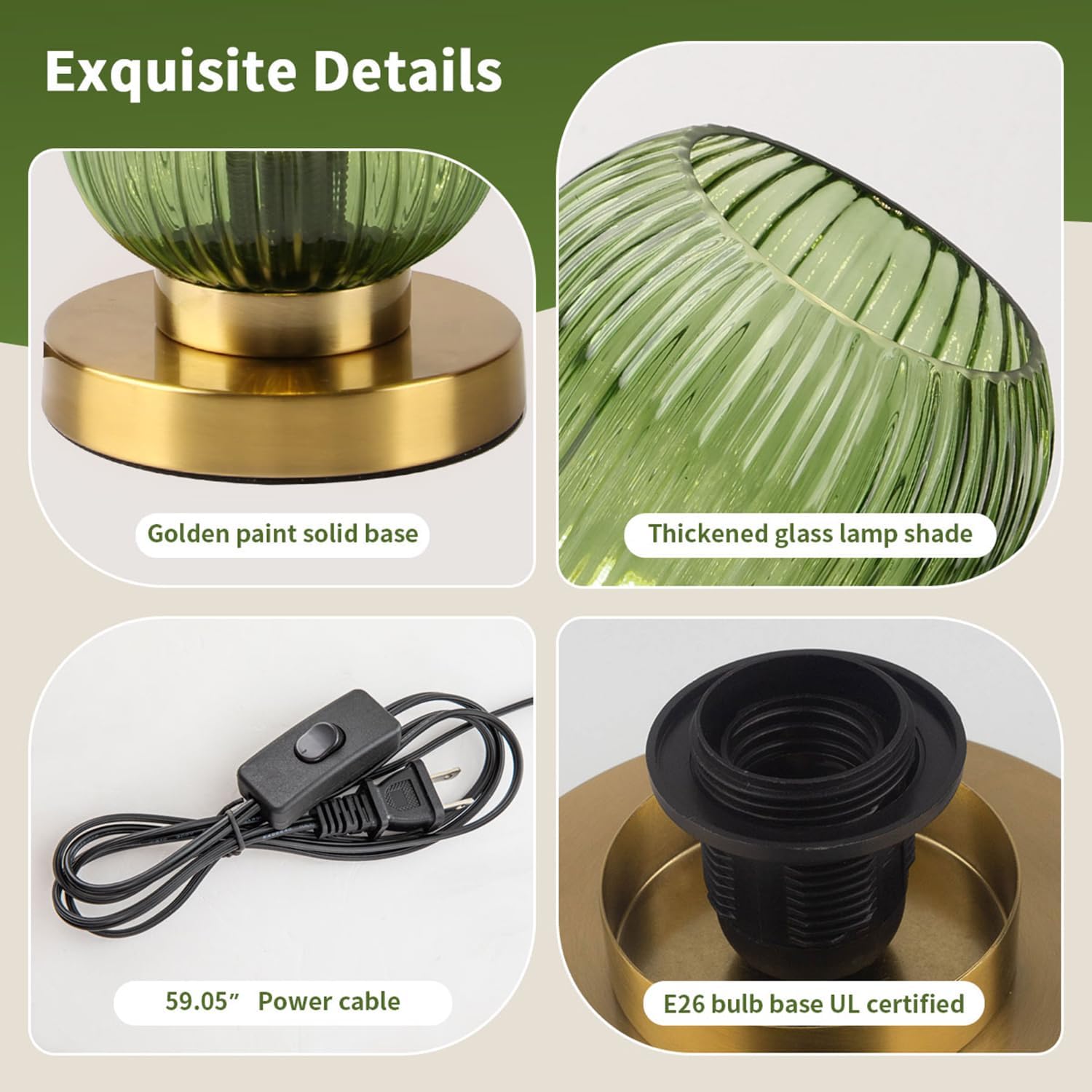 Glass Table Lamp of 2 Mid Century Table Lamps Modern Globe Table lamp Vintage Gold Desk Lamp Nightstand Lamp with Green Ribbed Design Shade for Bedside Bedroom Living Room Offic