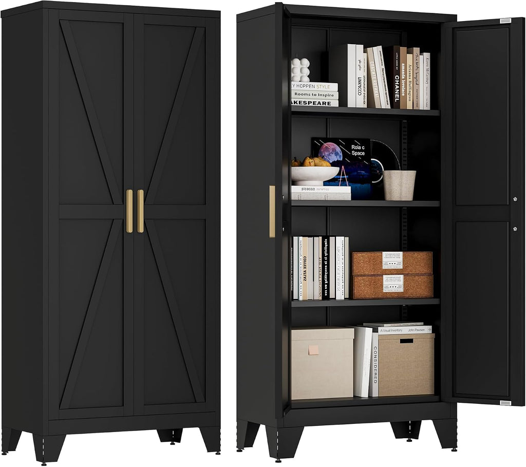 61' Tall Farmhouse Metal Pantry Cabinet, Kitchen Pantry Storage Cabinets with 2 Barn Door and Adjustable Shelves,Metal Pantry Storage Cabinet,for Kitchen,Laundry Room,Home Office,Kids Room (Black)