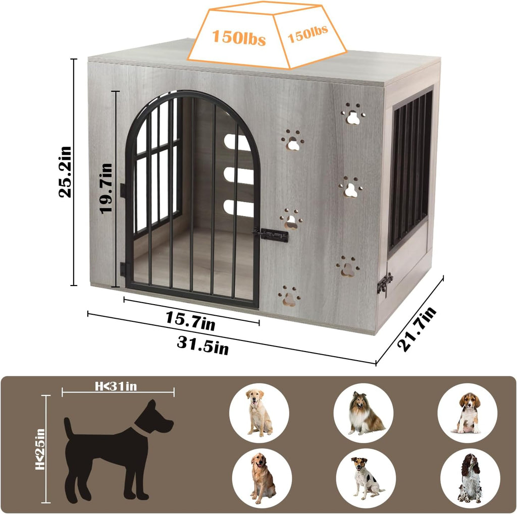 32' Dog Crate Furniture, Heavy Duty Wooden Chewproof Dog Kennel with Adjustable Bowls & Escape-Proof Lock, Decorative Pet Cage Dog House for Small Medium Dogs, Grey