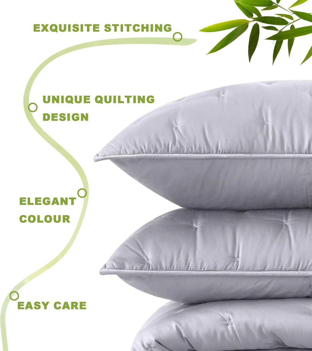 100% Viscose Derived from Bamboo Quilt Set, Soft Dreamer Cross Stitch Bedding, All Season Down Alternative Comforter with 4 Corner Loops, 3-Piece Set, Full/Queen, Silver Grey