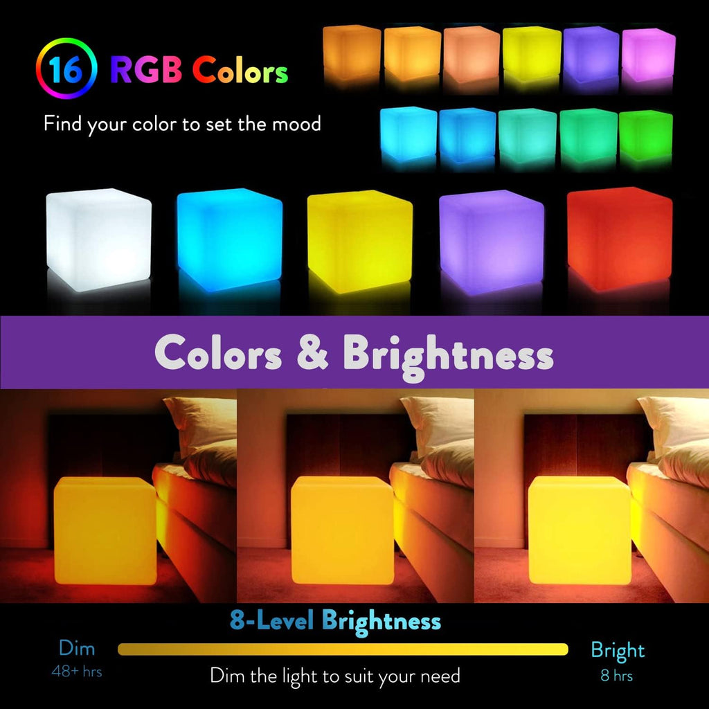 Mr.Go 14-Inch Color Changing LED Cube Light Stool, Glow Cube Seat for Kids, Modern LED Light Side Table, 16 RGB Colors Mood Lighting, Ideal for Home Garden Patio Bar Pool Party Decorative Lighting