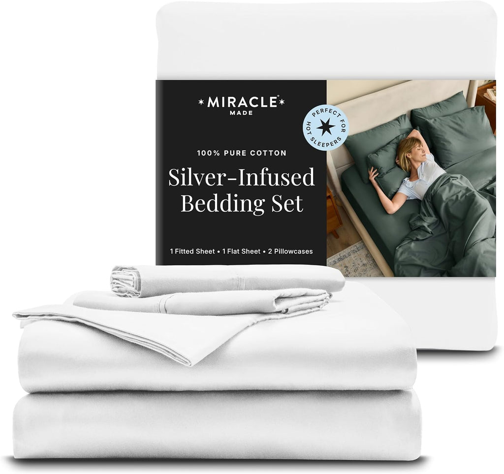 Miracle Made Breathable Cotton Bed Sheets, 3-Piece Set – Silver-Treated, Soft and Cool-to-the-Touch Lightweight Bedding Designed for Hot Sleepers – Twin Size, White