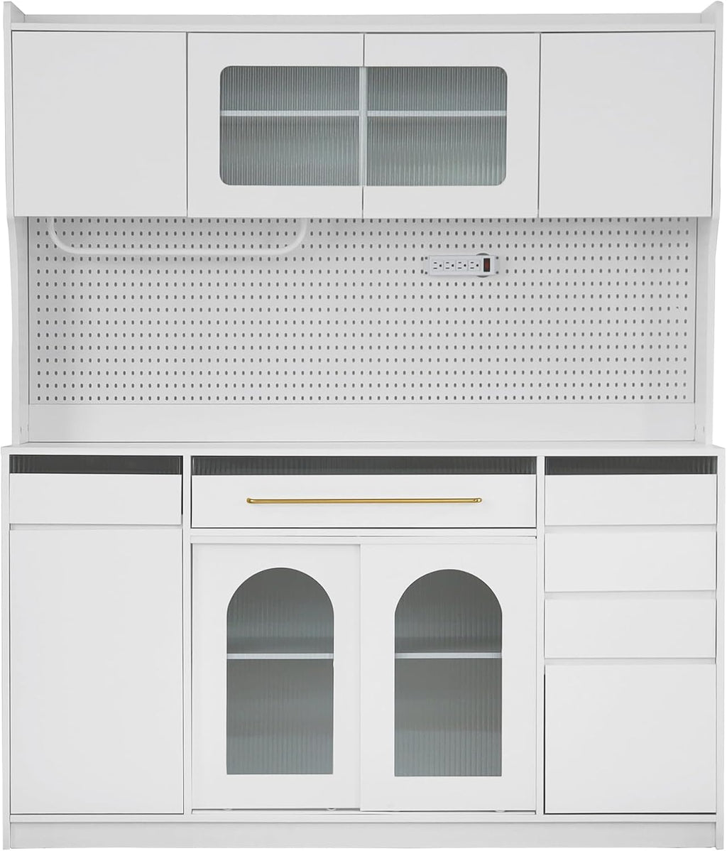 63'' W Buffet Cabinet with Hutch, Large Coffee Bar Storage Cabinet with 6 Drawers, Kitchen Pantry Sideboard with 5 Cabinets and Adjustable Shelves, Pegboard, Towel Rack, Power Outlet (White-Q12)