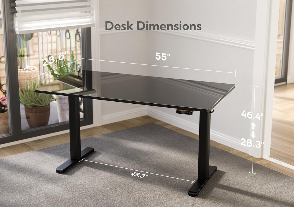 Claiks Glass Standing Desk, 55x24 Inch Electric Standing Desk Adjustable Height Stand Up Desk, Quick Install Home Office, Black