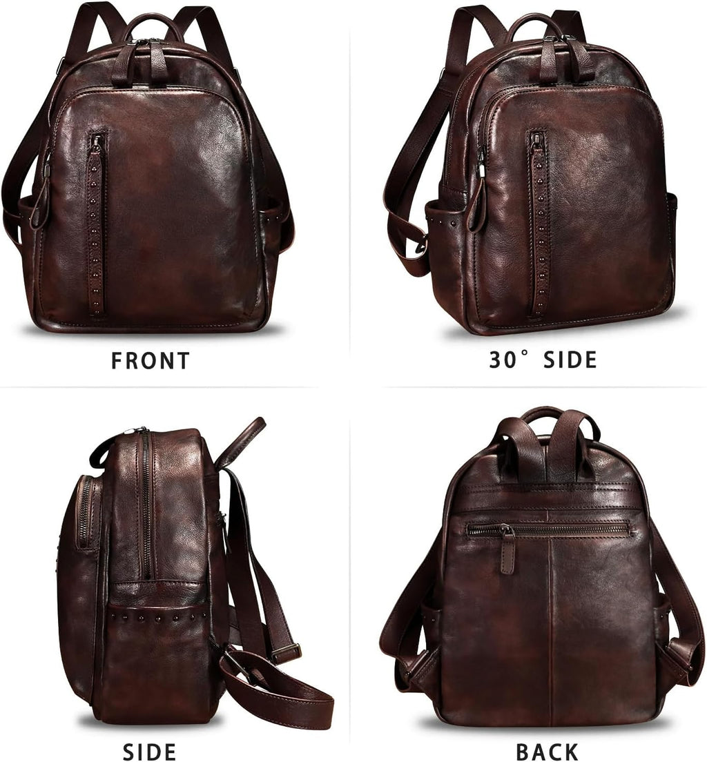 Genuine Leather Backpack Purse for Women Vintage Casual Daypack College Bag Handmade Cowhide Western Rivets Rucksack (Coffee)