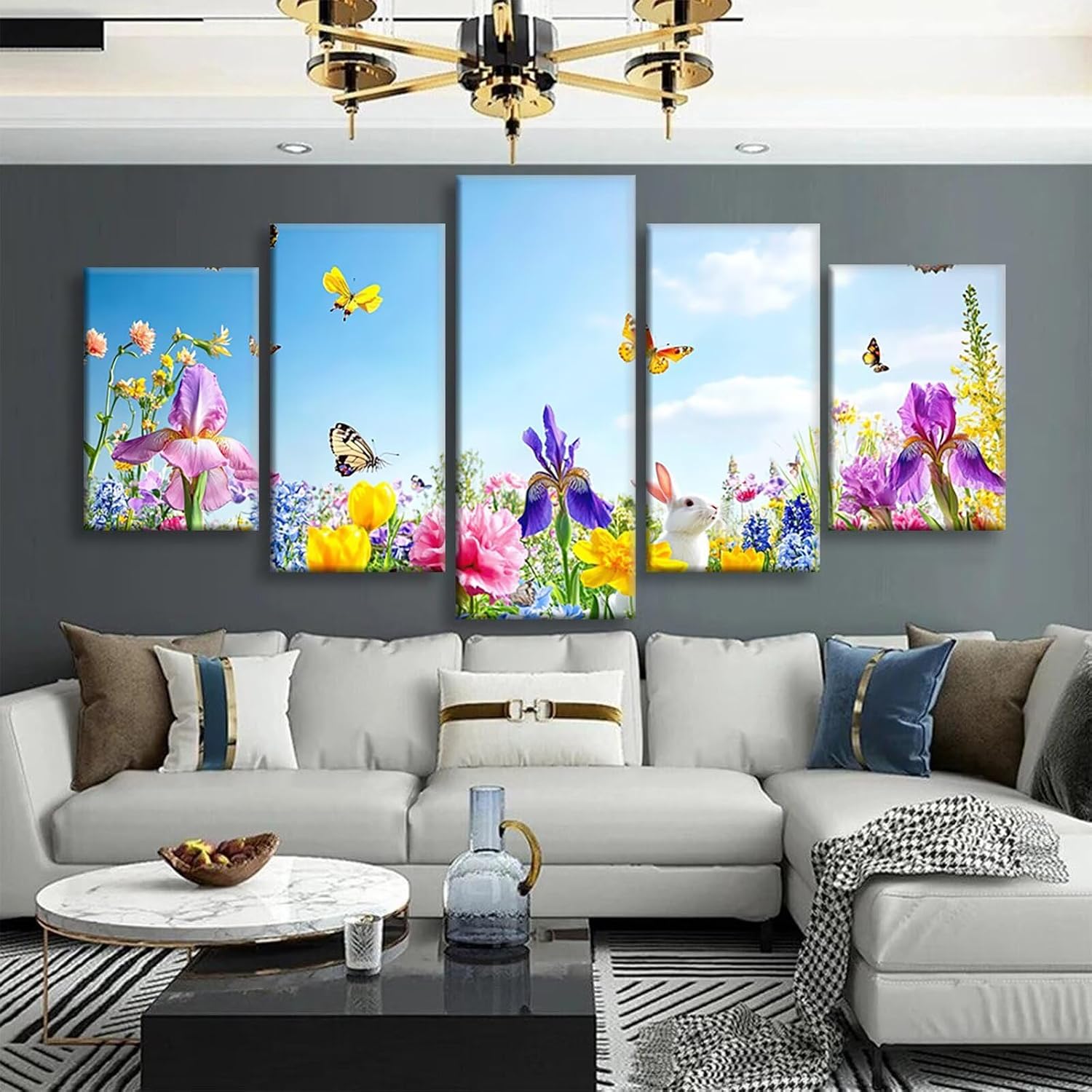 Rabbit Diamond Art 5 Piece Diamond Painting Flowers 5D DIY Full Square Drill Dimond Art Paintings Crystal Crafts for Adults Gem Painting for Home Decor, Large Artwork for Wall 60 x 120 Inch, Model294