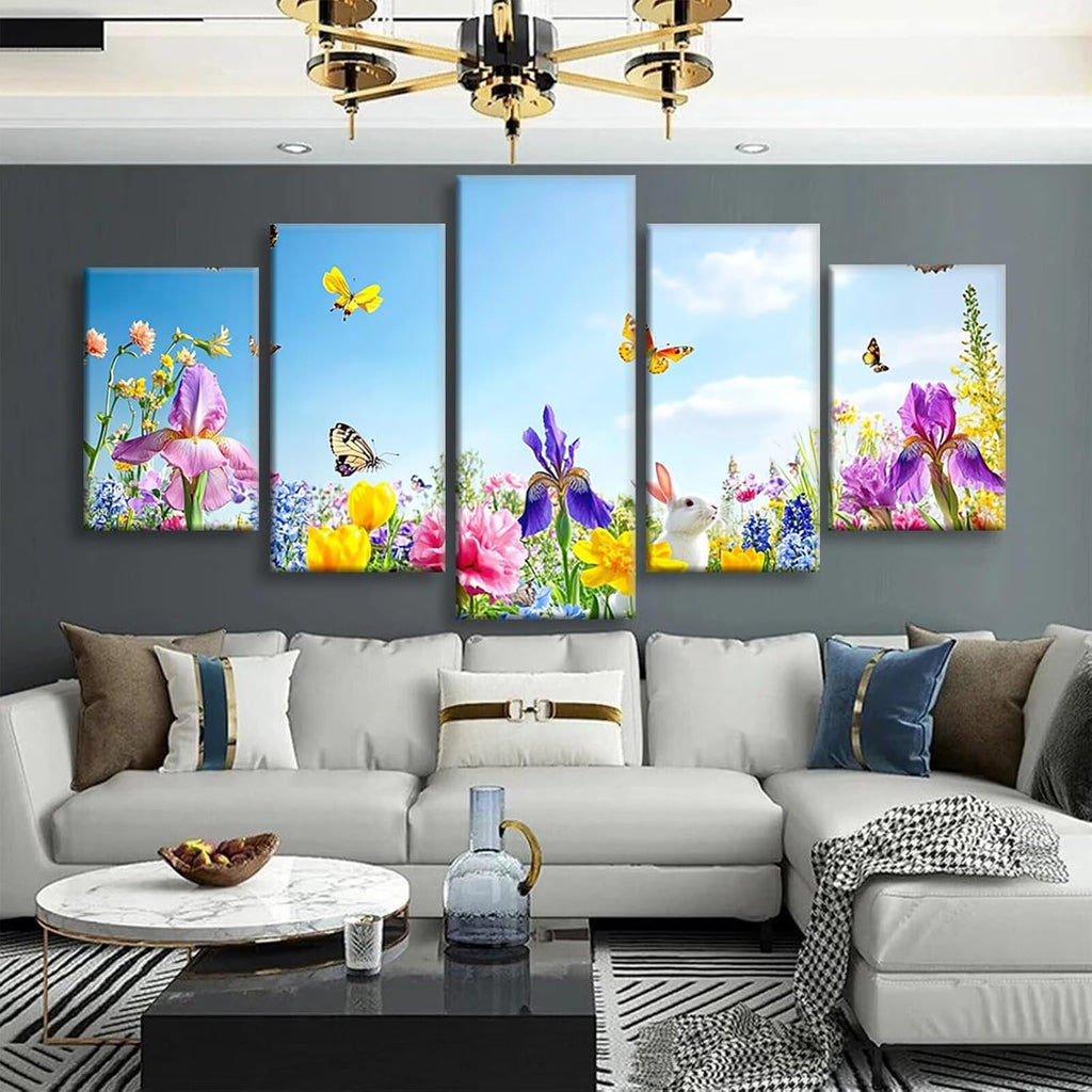 Rabbit Diamond Art 5 Piece Diamond Painting Flowers 5D DIY Full Square Drill Dimond Art Paintings Rhinestones Crafts for Adults Gem Painting for Home Decor Large Artwork for Wall 44 x 90 Inch,Model294