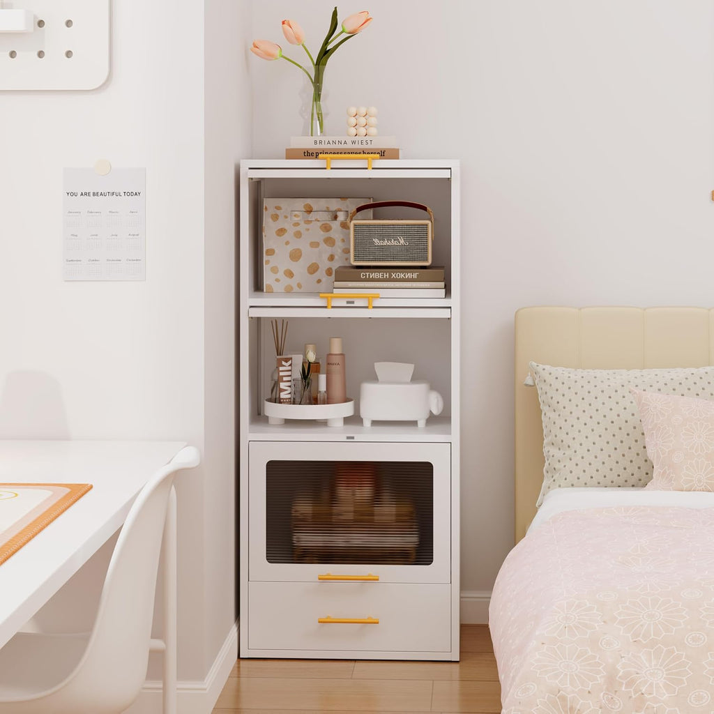 erosoei Metal Tall Narrow Bathroom Storage Cabinet，Slim Bathroom Storage Cabinet with Flip-up Acrylic Doors and Drawers，Pantry Cabinets for Kitchen, Bedroom, Living Room, Laundry Room