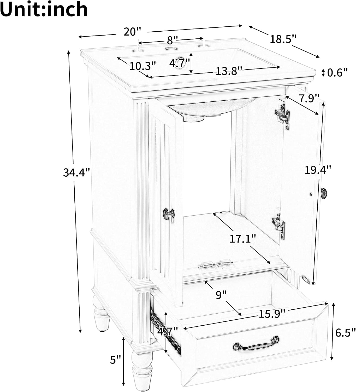 Harper & Bright Designs Bathroom Vanity with Sink, 20' Bathroom Sink Cabinet with Two Doors, Magnetic Door Stopper and Adiustable Foot Pads, A Drawer, White