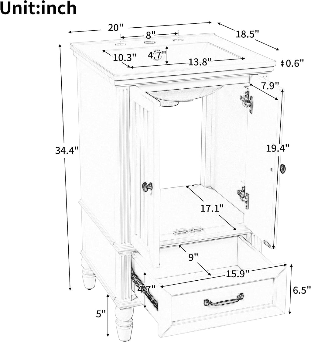 Linique 20' Bathroom Vanity with Ceramic Sink, Bathroom Cabinet with Two Doors,Magnetic Door Stopper and Adiustable Foot Pads,One Drawer,White