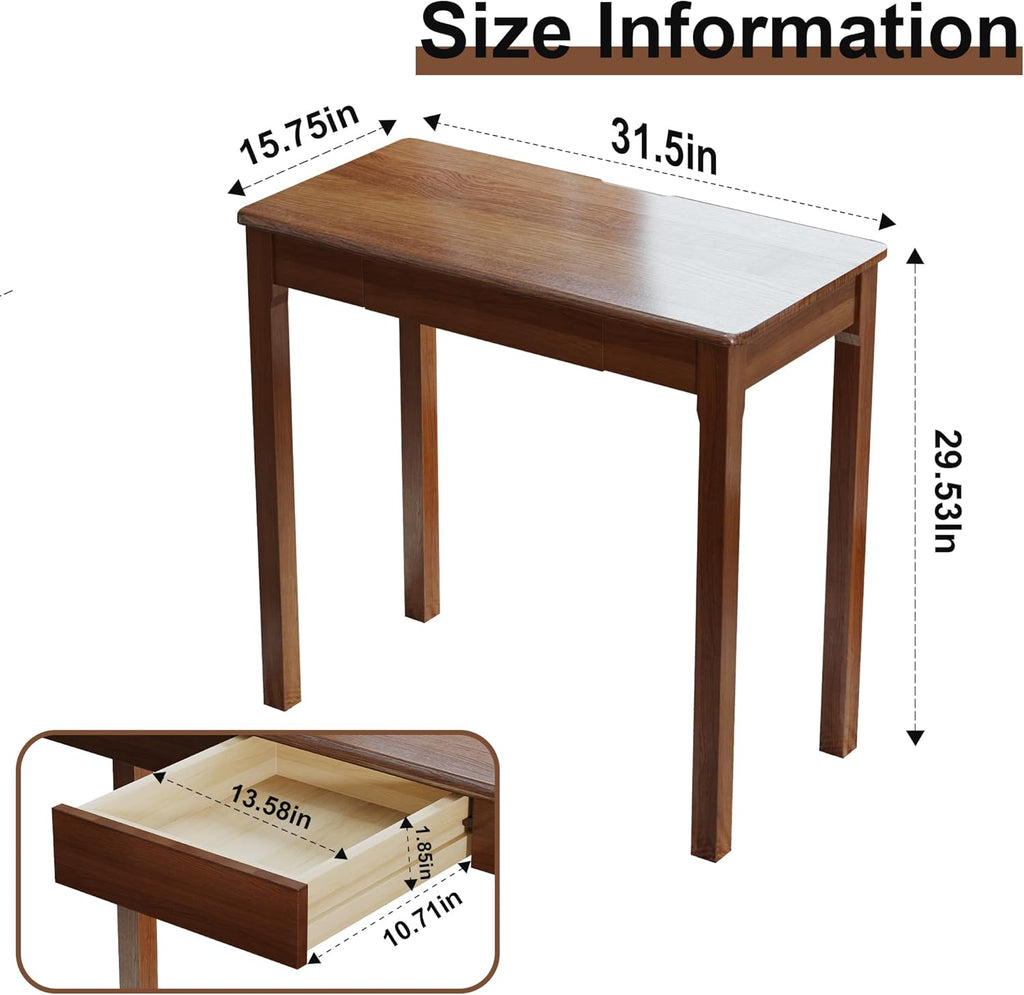 Solid Wood Desk with Drawers - 31.5' Narrow Desks for Small Spaces, Mid Century Modern Desks, Small Wooden Vintage Computer Writing Desk, Study Table for Home Office Bedroom, Walnut