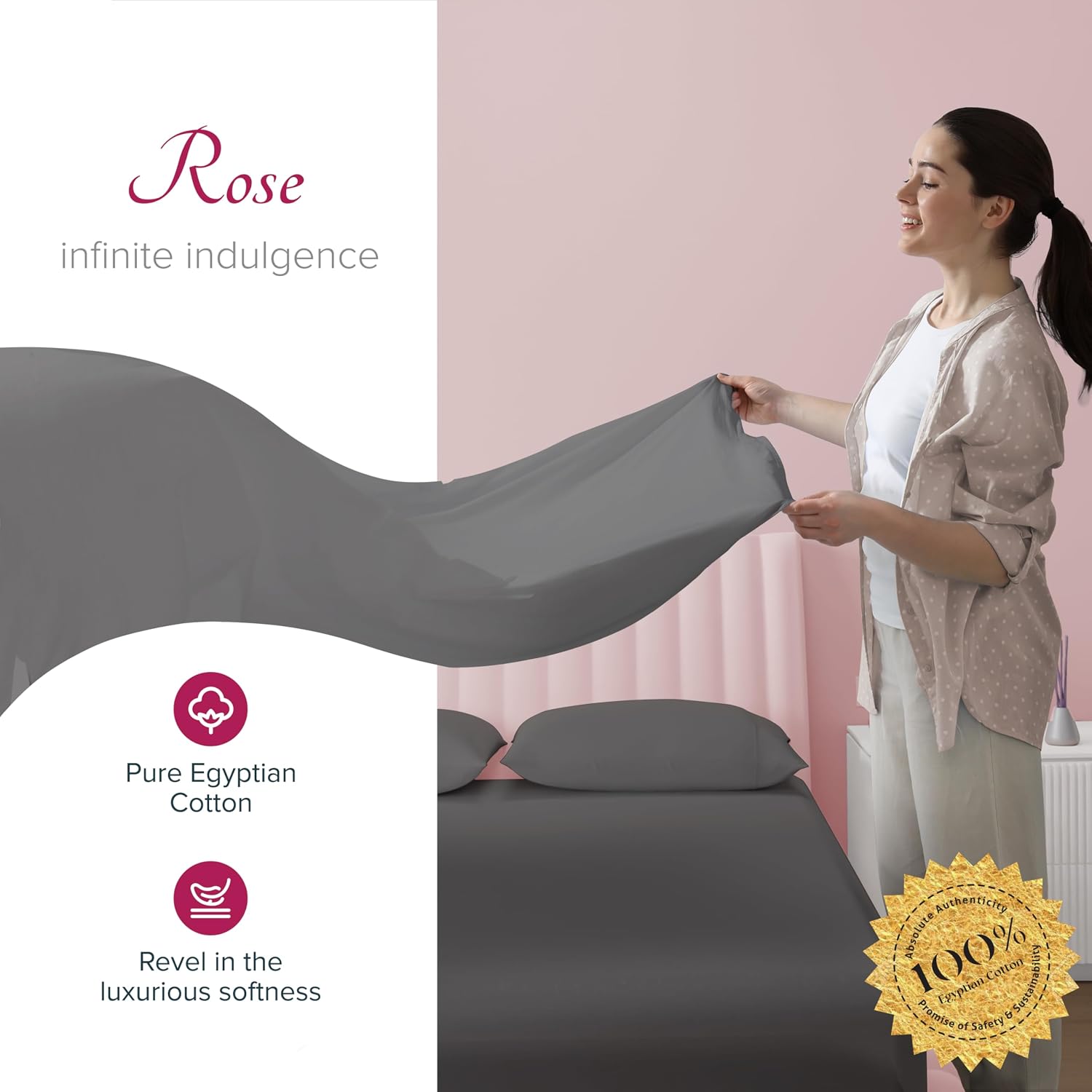 Carressa Linen 100% Egyptian Cotton King Size Sheets Set - Luxury 1200 Series Rose Collection Egyptian Cotton Sheets King Size (4 PC, Dark Grey), Silky Soft, Cooling, Sateen 17' Deep Pocket Bed Set