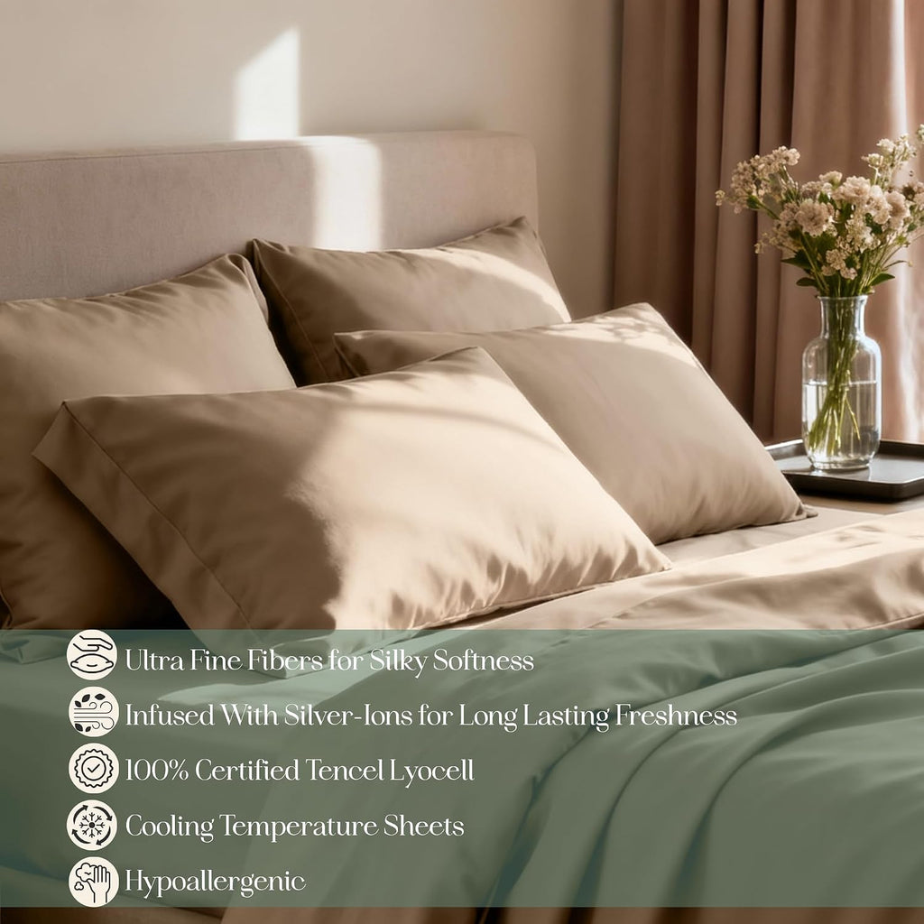 CASILVA Eucalyptus Sheets - Infused with Silver for Anti-Odor, Softer Than Silk Fibers, More Cooling Than Cotton - Perfect for Hot Sleepers & Sensitive Skin - 100% Tencel Lyocell - Queen Sheet Set