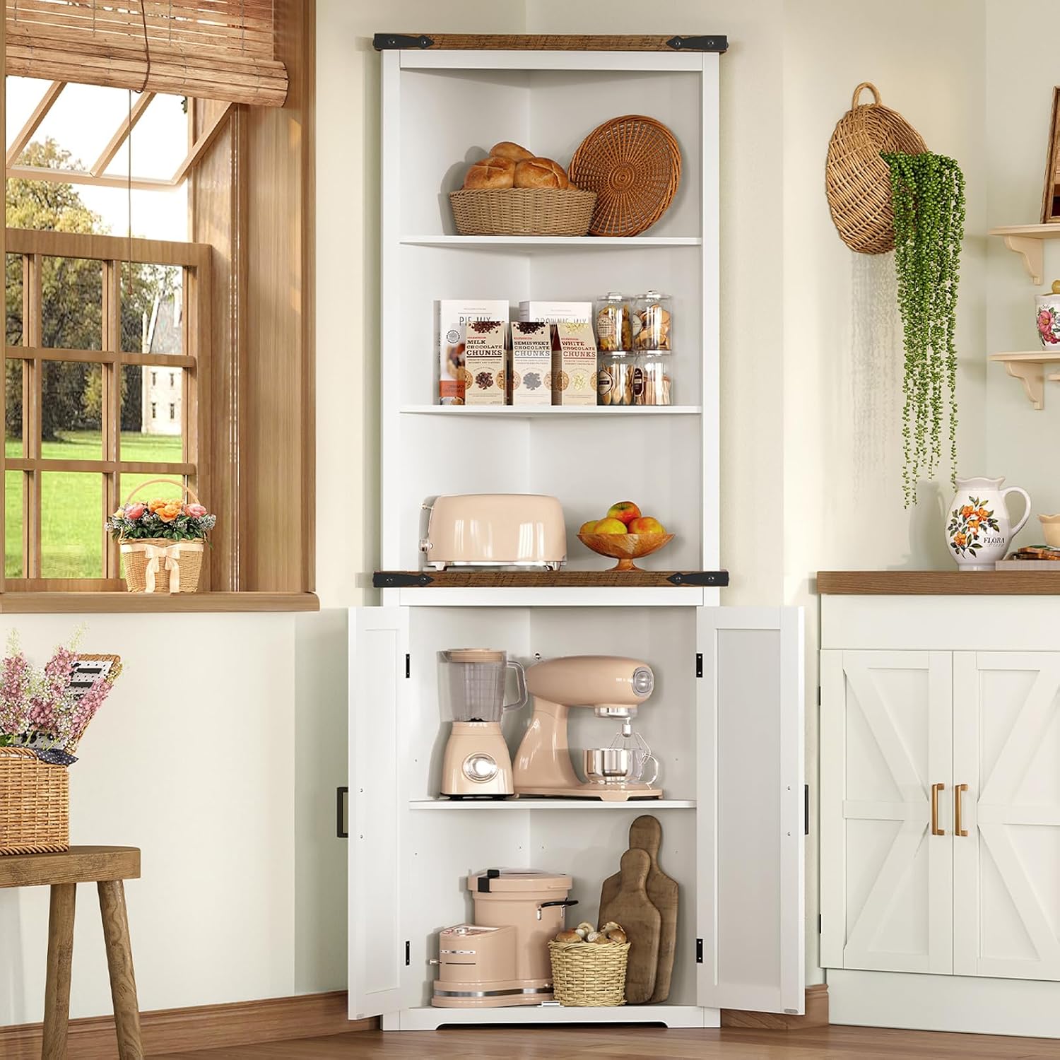 TEENFON Farmhouse Corner Cabinet, 70' H Tall Corner Hutch with 5 Shelves & 2 Barn Doors, Bathroom Cabinet with Adjustable Shelf, for Living Room, Kitchen, Bathroom, White