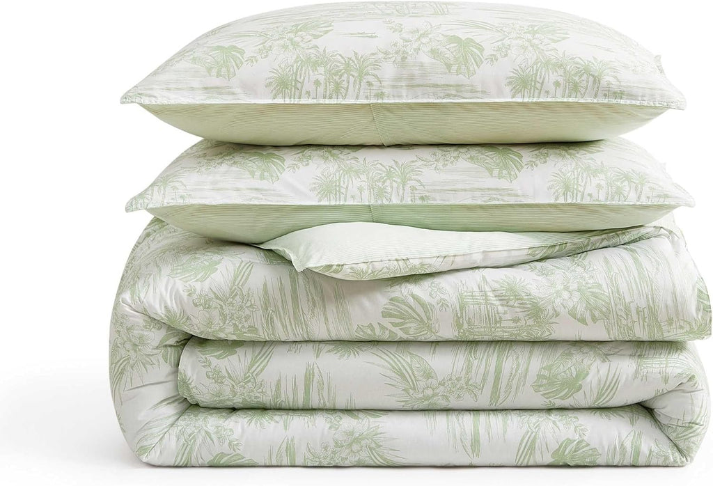 Tommy Bahama - Queen Comforter Set, 100% Soft Cotton Bed Set for Year Round Comfort, Coastal Bedding with Matching Pillowcases (Beach Bluff Toile Green)
