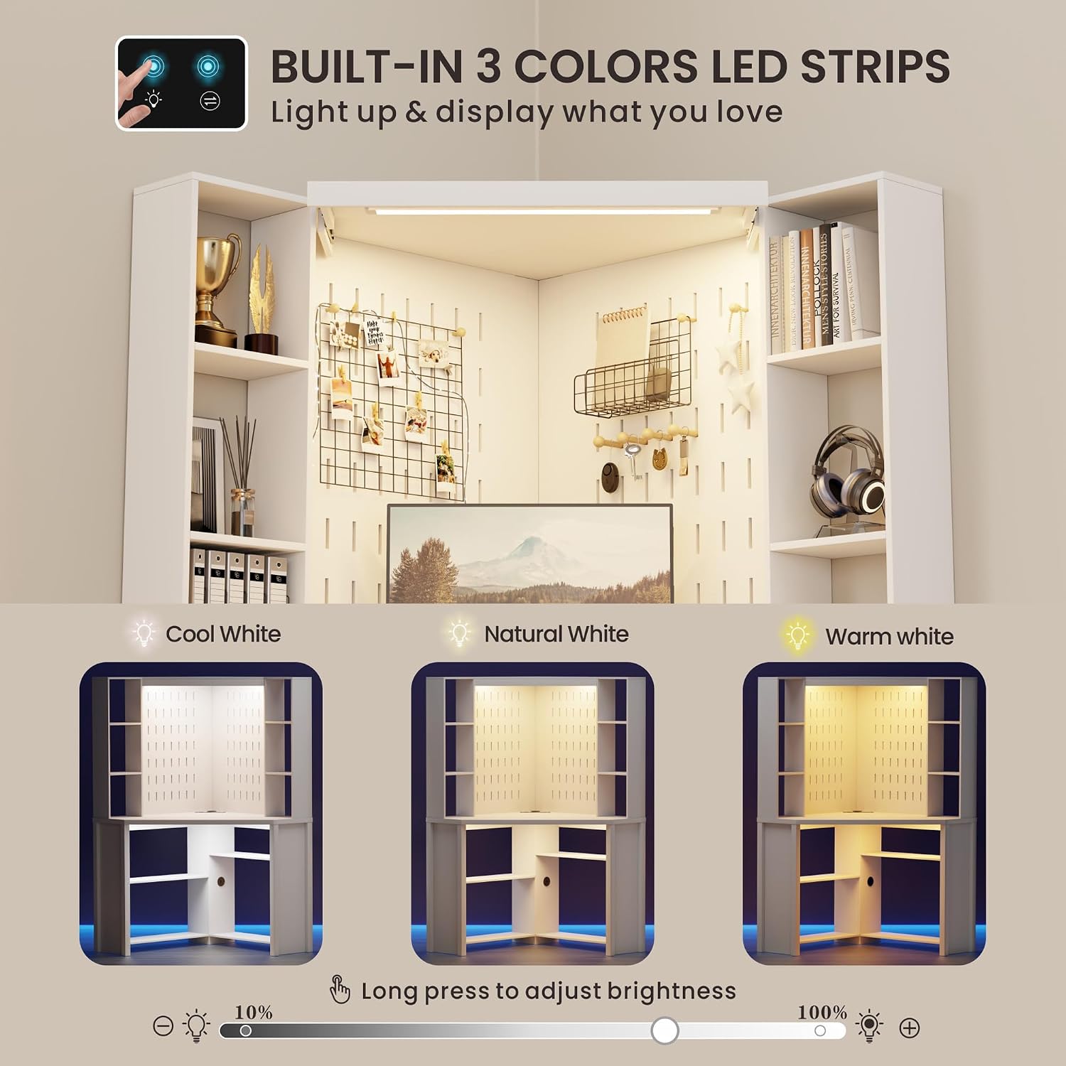 Corner Desk with - LED Reading Light, L-Shaped Computer Desk w/Hutch & Shelves, Home Office Desk w/Charging Station for Work & Study, File Cabinet Storage Bookshelf for Small Space (White)