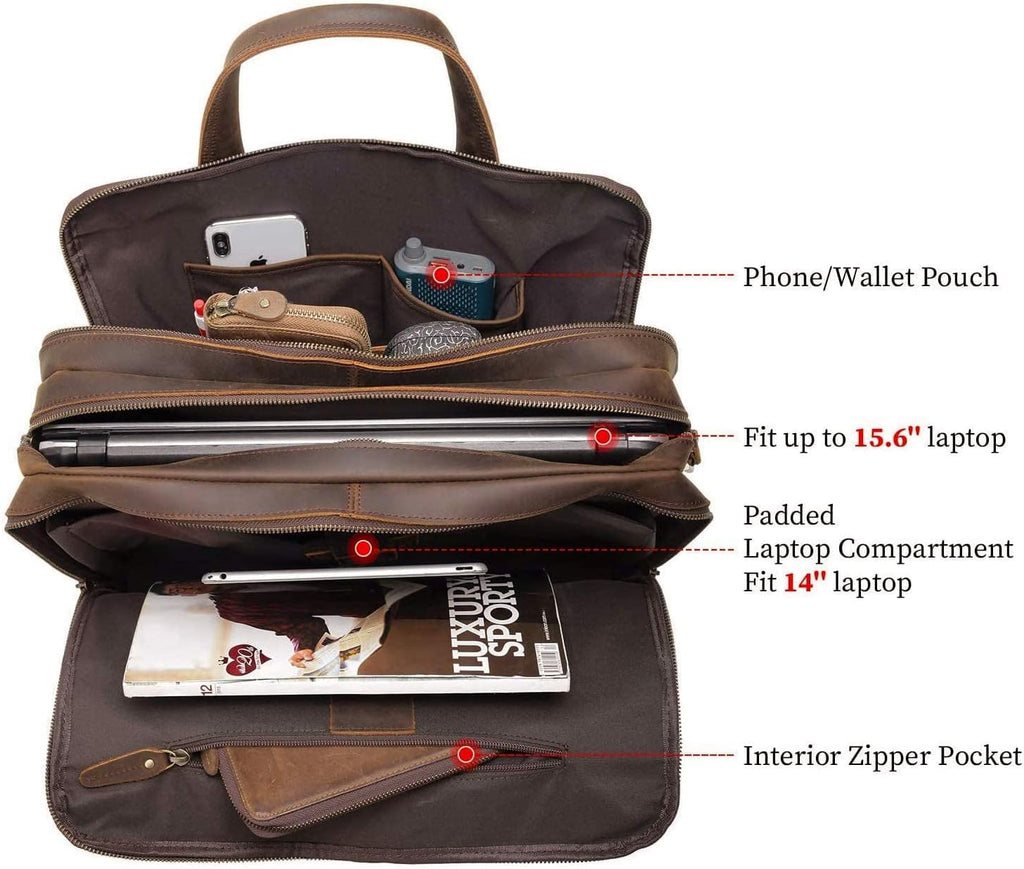 Polare Modern Attaché Style 15.7' Full Grain Italian Leather Laptop Business Briefcase for Men