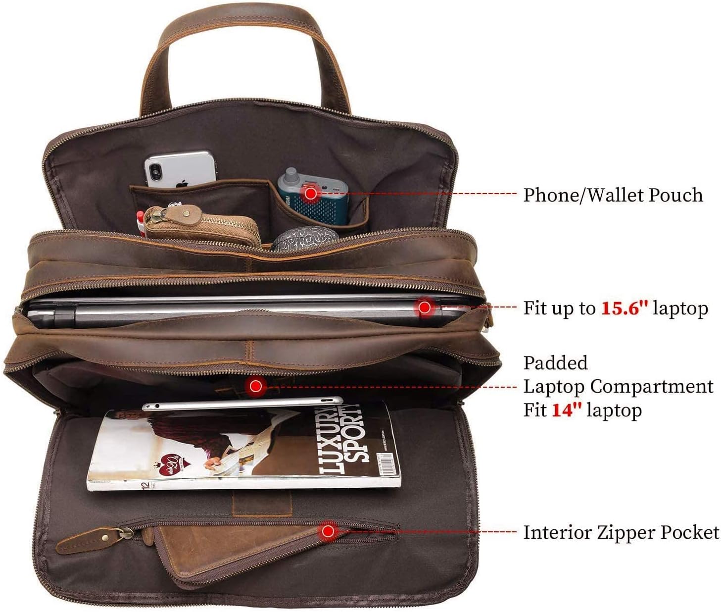Polare Modern Attaché Style 15.7' Full Grain Italian Leather Laptop Business Briefcase for Men