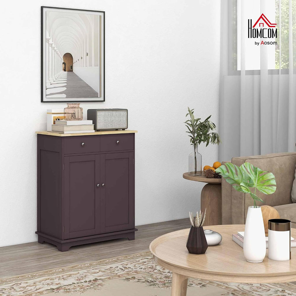 HOMCOM Sideboard Buffet Cabinet with Solid Wood Countertop, Modern Kitchen Storage Cabinet, Coffee Bar Cabinet with 2 Drawers, Doors and Adjustable Shelf, Coffee