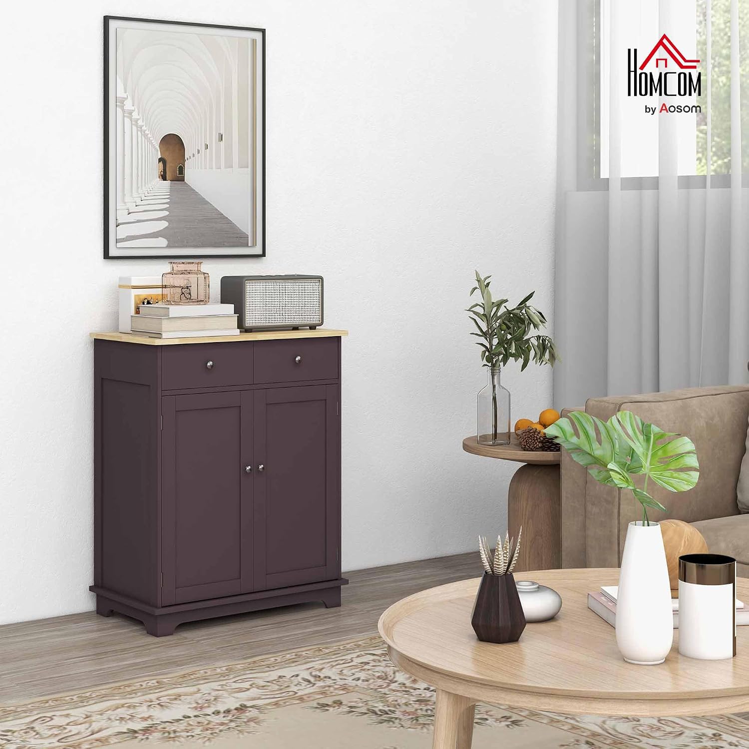 HOMCOM Sideboard Buffet Cabinet with Solid Wood Countertop, Modern Kitchen Storage Cabinet, Coffee Bar Cabinet with 2 Drawers, Doors and Adjustable Shelf, Coffee