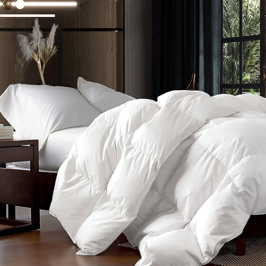 Luxurious Oversized Super King 120' x 120' Size Goose Down Fiber Waterfowl Feather Fiber Comforter Duvet, 100% Egyptian Cotton Cover, 90 oz. Fill Weight, Baffle Box Design, White Solid