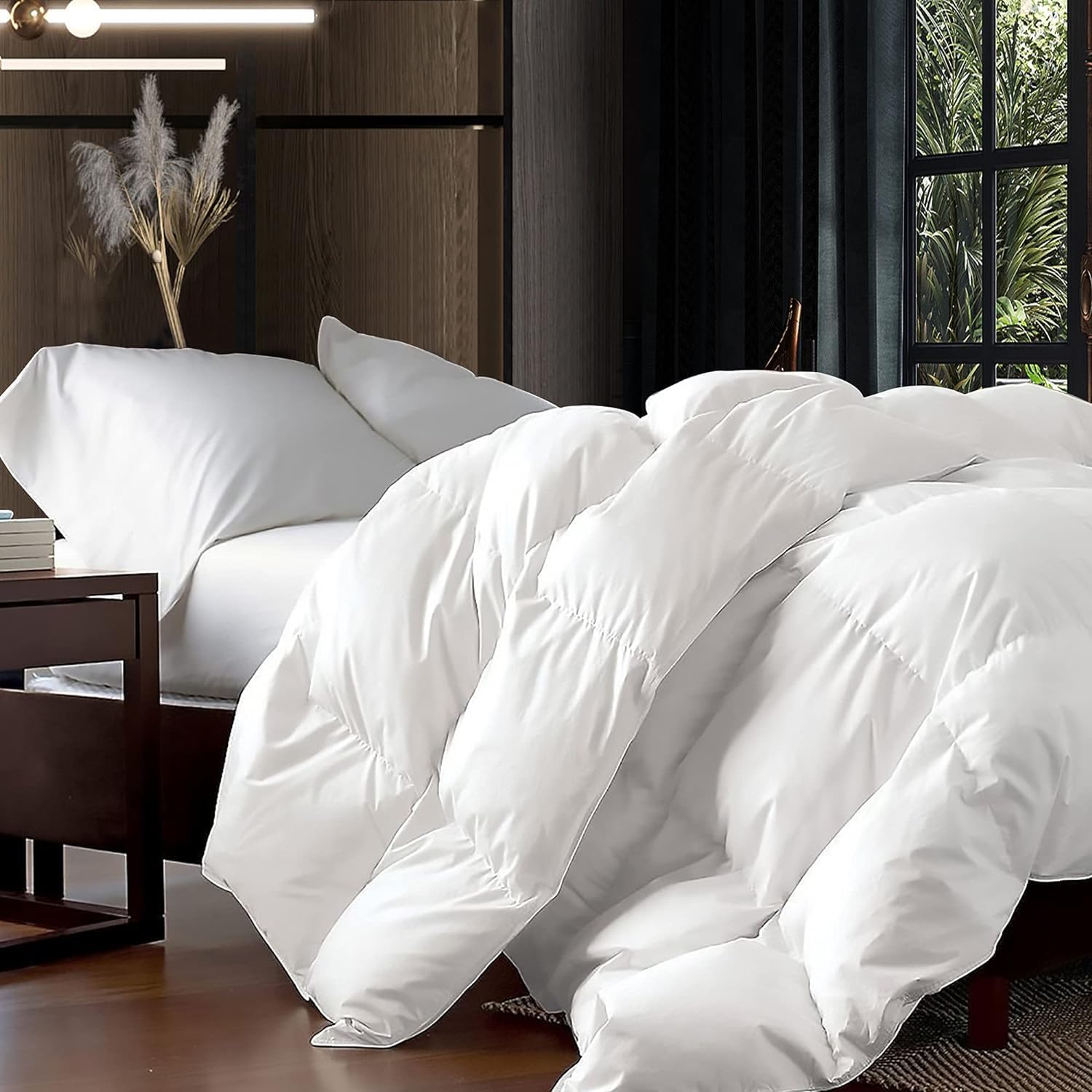Luxurious Oversized Queen 98' x 98' Size Goose Down Fiber Waterfowl Feather Fiber Comforter Duvet, 100% Egyptian Cotton Cover, 56 oz. Fill Weight, Baffle Box Design, White Solid