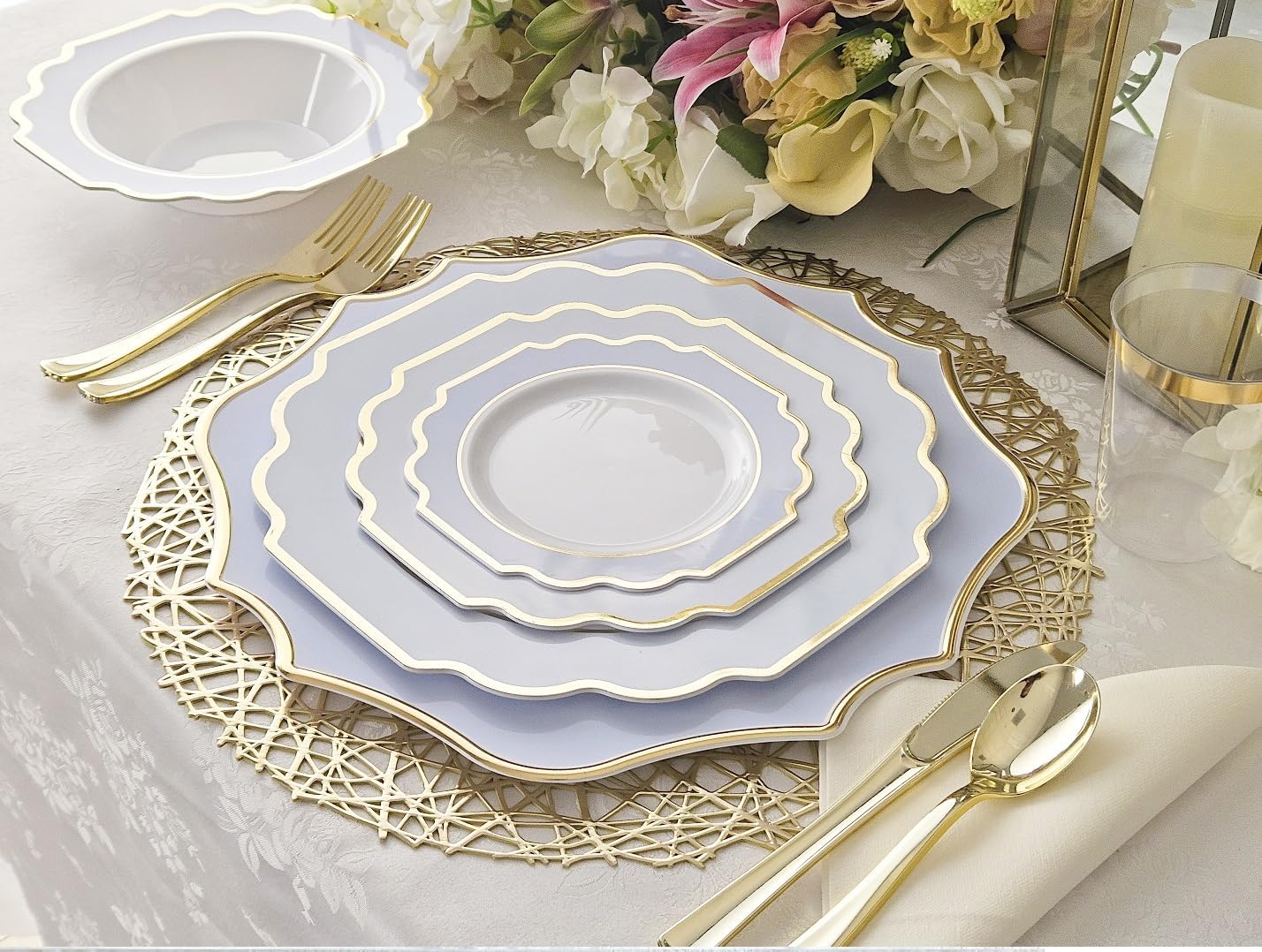 ' OCCASIONS ' 240 Plates Pack (120 Guests) Heavyweight Wedding Party Disposable Plastic Plates Set -120 x 10.5'' Dinner + 120 x 8'' Salad/Dessert Plate (Imperial in White/Blue & Gold)