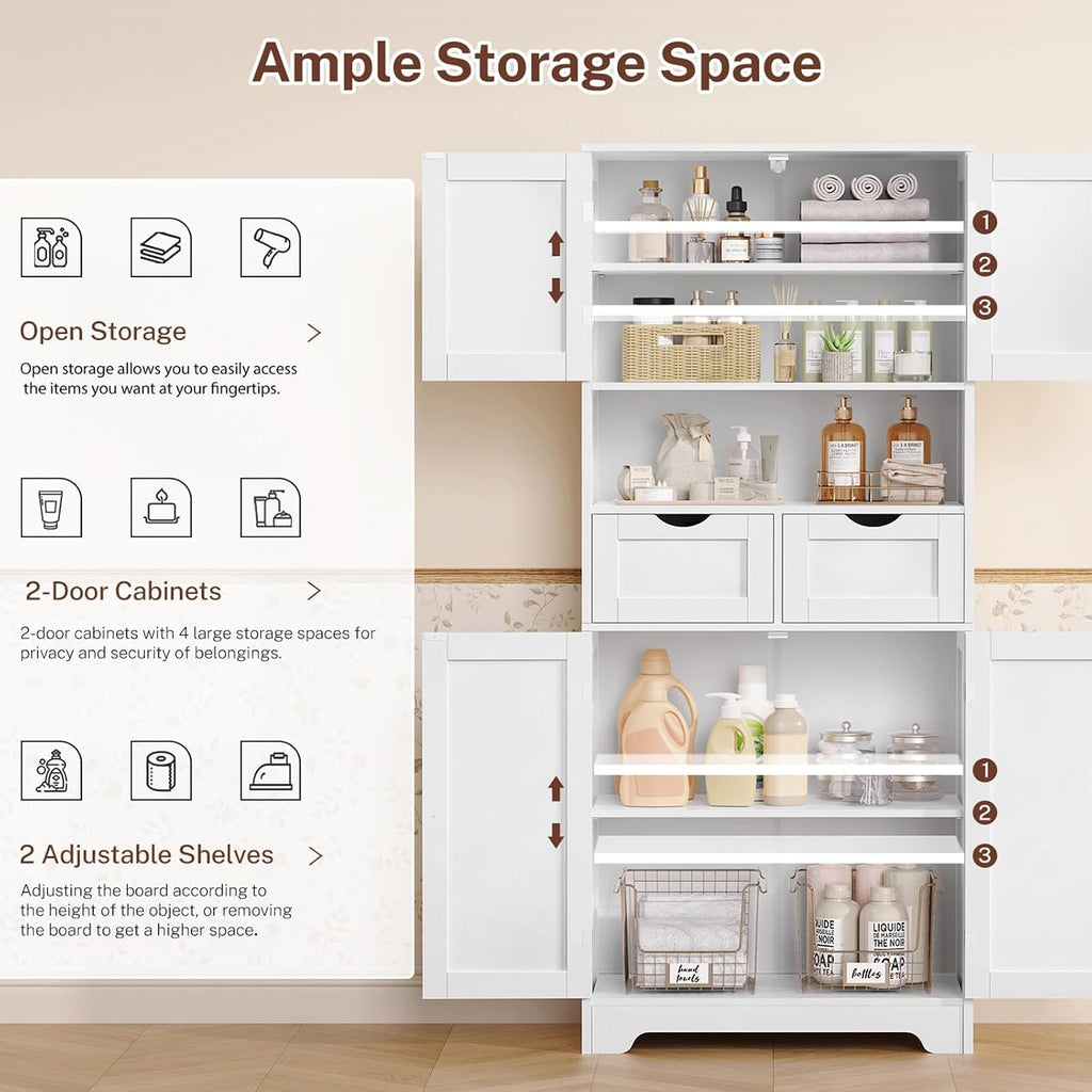 Iwell Tall Storage Cabinet with Adjustable Shelf & 2 Drawers, Kitchen Pantry Cabinet, Pantry Cabinets with 4 Doors, Tall Cabinets for Living Room, Kitchen, Bathroom, White