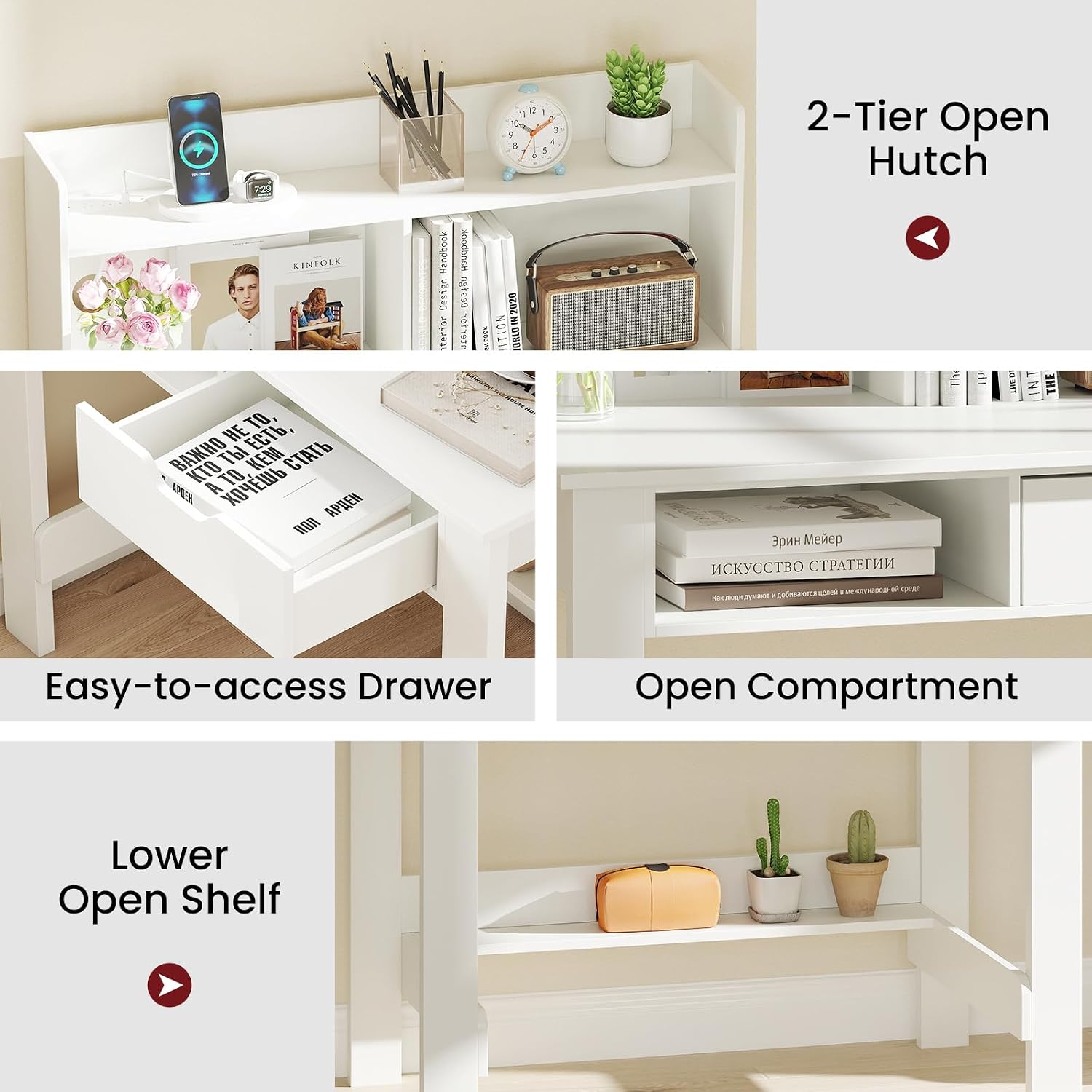 Giantex White Computer Desk with Hutch, Home Office Desk with Power Outlets, USB Ports, Type-C, Storage Shelf & Drawer, Modern Laptop PC Table Computer Workstation, Study Writing Desk for Bedroom