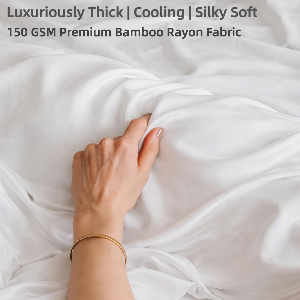 GOKOTTA Bed Sheets 6 Piece Set, 100% Rayon Derived from Bamboo, Extra Deep Pocket Fitted Sheet with Elastic Corner Straps, Soft Luxury Hypoallergenic (White, Queen)