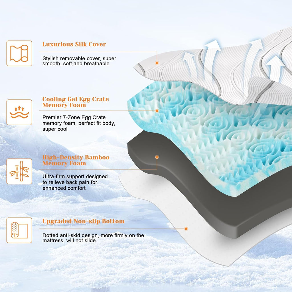 Extra Firm Mattress Topper King Size 4 Inch, Cooling Egg Crate Gel+Bamboo High Support Mattress Pad with Removable Cover, Bed Topper for Pain Relief,No Smell,CertiPUR-US, 79 * 75