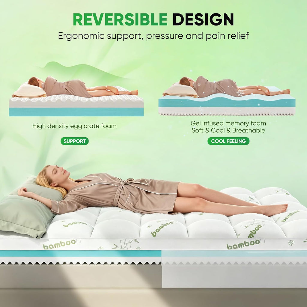 Full Mattress Topper, 3 in 1 Memory Foam Mattress Topper for Back Pain, 2' Fluffy Cooling Mattress Toppers Full Breathable Viscose Made from Bamboo and 2.5' Dual Firmness Gel Memory Foam.