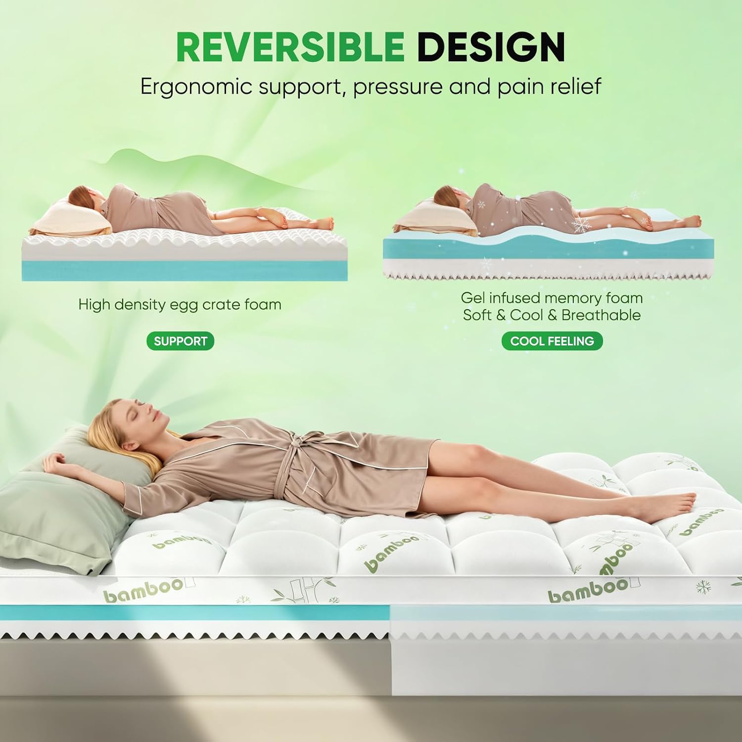 Queen Mattress Topper, 3 in 1 Memory Foam Mattress Topper for Back Pain, 2' Fluffy Cooling Mattress Toppers Queen Breathable Viscose Made from Bamboo and 2.5' Dual Firmness Gel Memory Foam.