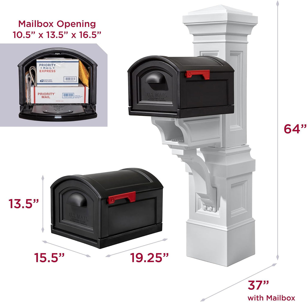 Step2 Atherton Grand Onyx Black XL Mailbox and Classic White Mailbox Post Kit – Elegantly Styled Mailbox with Post Cover, Magnetic Closure & Newspaper Chute – Ultra Durable, Low Maintenance