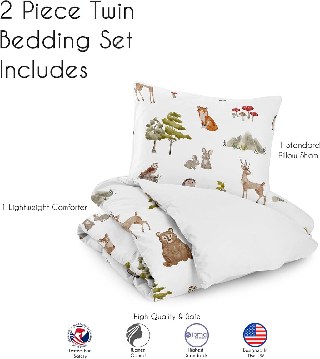 Sweet Jojo Designs 2-Piece Twin Comforter Set (Woodland Forest Animals) for Boys or Girls, Children, Kids Bedding, Bed in a Bag incl. Blanket & Pillow Sham (Neutral, Brown Bear, Owl, Fox, Tree Animal)