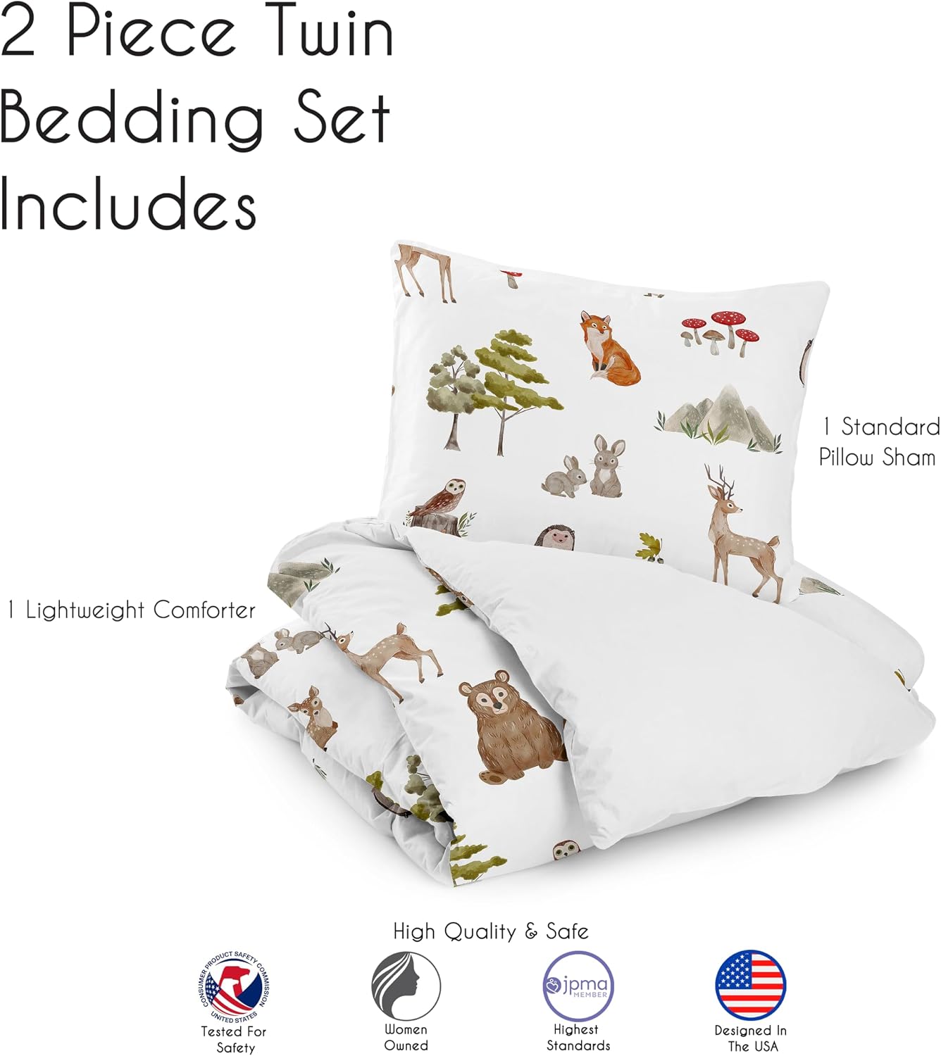 Sweet Jojo Designs 2-Piece Twin Comforter Set (Woodland Forest Animals) for Boys or Girls, Children, Kids Bedding, Bed in a Bag incl. Blanket & Pillow Sham (Neutral, Brown Bear, Owl, Fox, Tree Animal)