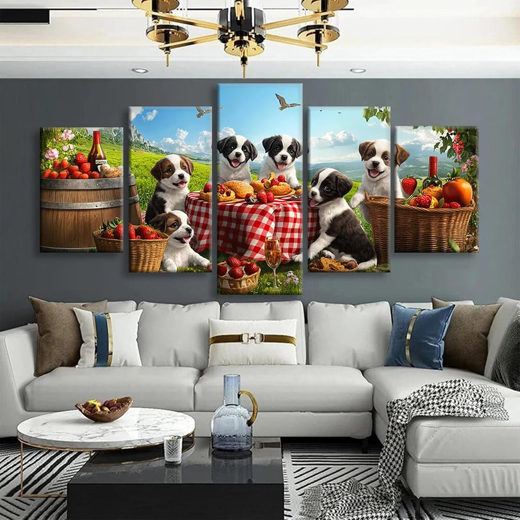 Dog Diamond Art 5 Piece Diamond Painting Farmhouse 5D DIY Full Round Drill Dimond Art Paintings Rhinestones Crafts for Adults Gem Painting for Home Decor, Large Artwork for Wall 40 x 80 Inch, Model153