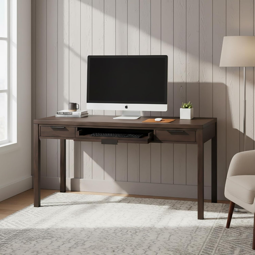 SIMPLIHOME Hollander Desk - 60 Inch Wide Solid Wood Writing Desk in Dark Brown Walnut, Contemporary Home Office Computer Table for Workspace or Study with 2 Drawers and Flip-Down Keyboard Tray