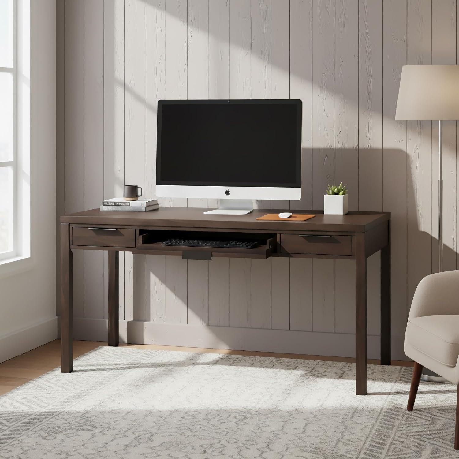 SIMPLIHOME Hollander Desk - 60 Inch Wide Solid Wood Writing Desk in Dark Brown Walnut, Contemporary Home Office Computer Table for Workspace or Study with 2 Drawers and Flip-Down Keyboard Tray