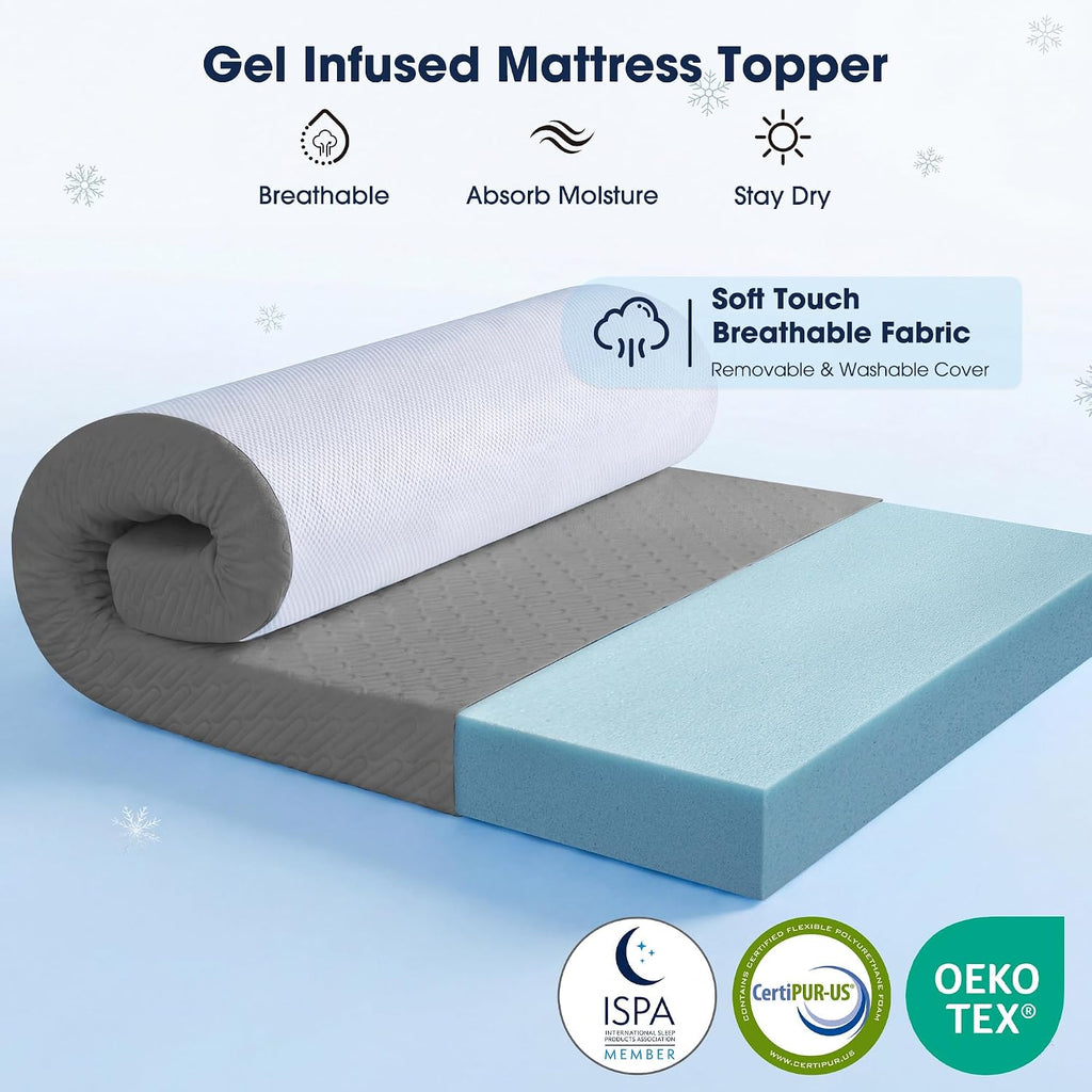 VALUXE 3 Inch Gel Memory Foam Mattress Topper Full Size High Density Cooling Pad Pressure Relief Bed Topper Grey (with Removable & Washable Bamboo Cover)