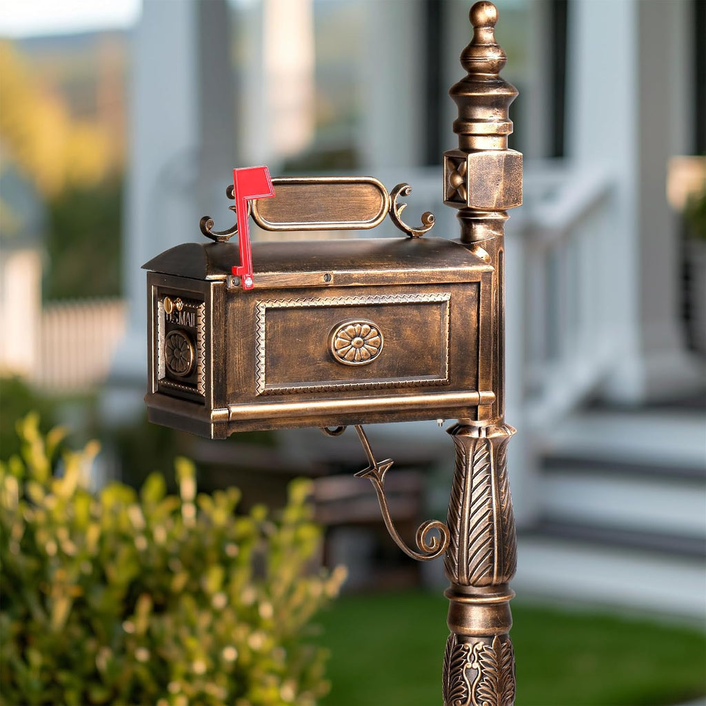 Outvita Cast Aluminum Mailbox, Barcelona Decorative Post Mailbox, Rust-Proof Large Security Heavy Duty Mailbox (Bronze)
