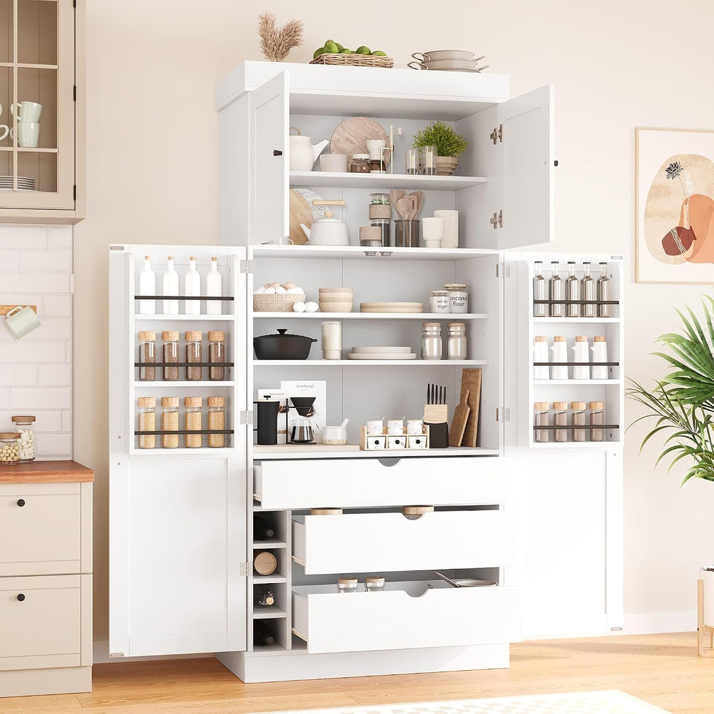77'' Tall Freestanding Kitchen Pantry, 35''Lx17.7''W Wooden Kitchen Organizers Cupboard Storage Cabinet with Adjustable Shelves, Door Shelves, Drawers and Wine Racks (White-2.12)