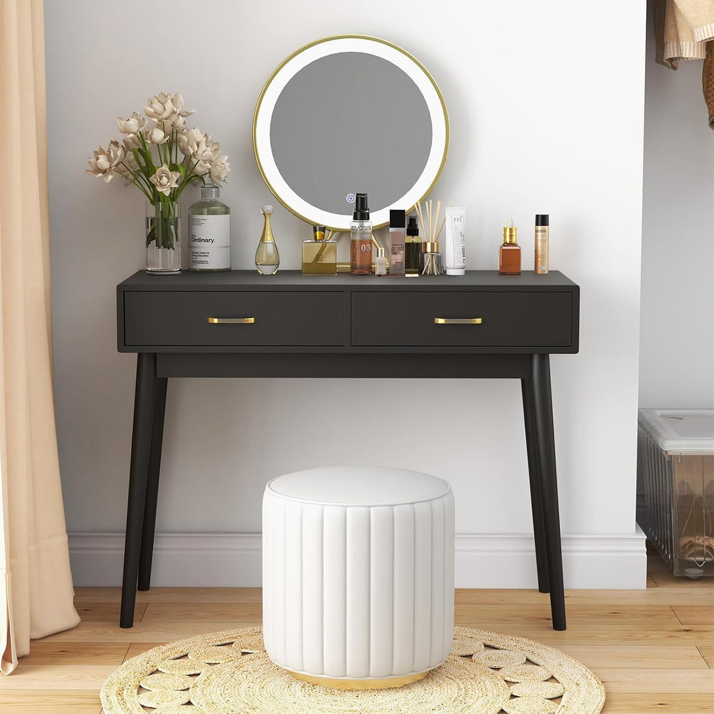 FUNKOCO Small Black Desk with Drawers - 40 Inch Home Office Study Writing Desk for Bedroom, Vanity Desk with 4 Solid Legs, Modern Computer Desk for Small Spaces (Balck)