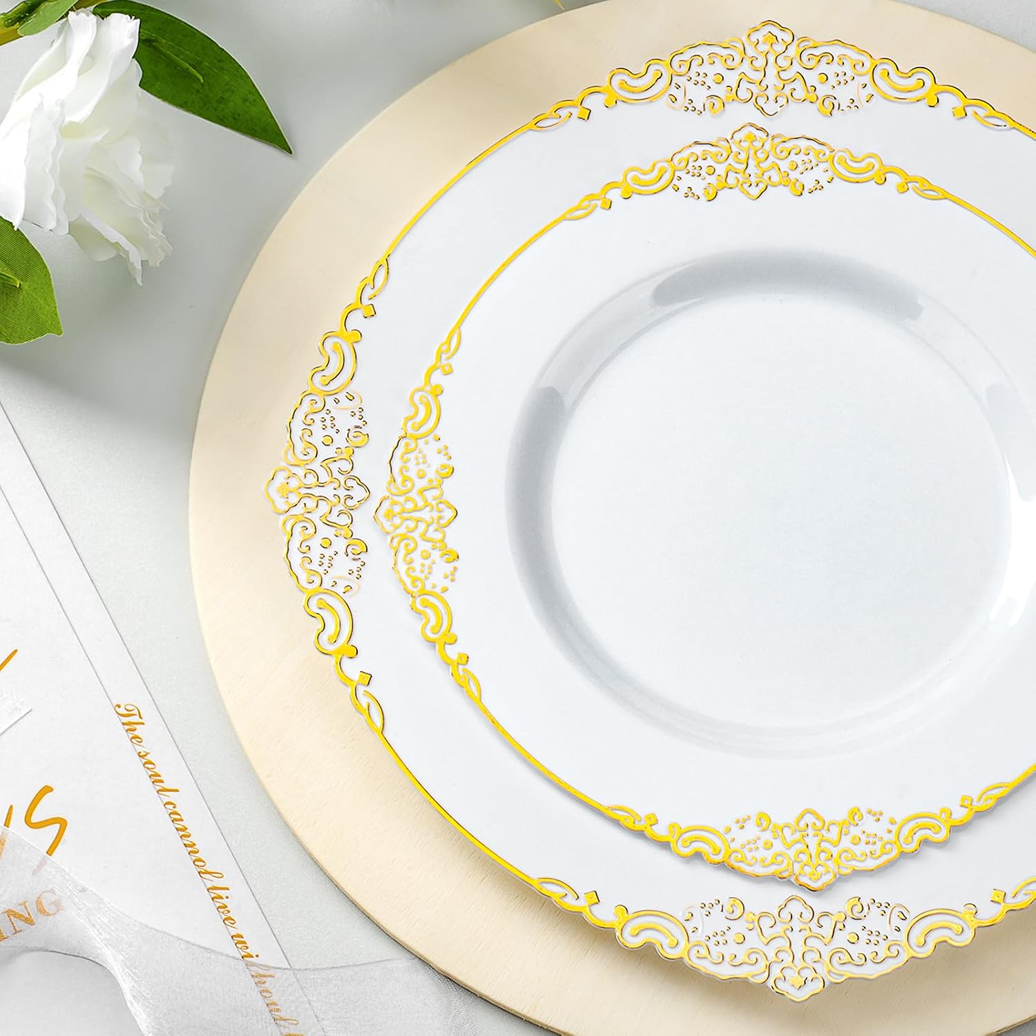 Bestluck 700PCS Gold Plastic Plates for 100 Guests, Disposable Dinnerware Sets Include 200 Gold Rim Plastic Plates, 100 Silverwares, 100 Cups, and 100 Pre Rolled Napkins for Party, Wedding, Graduation