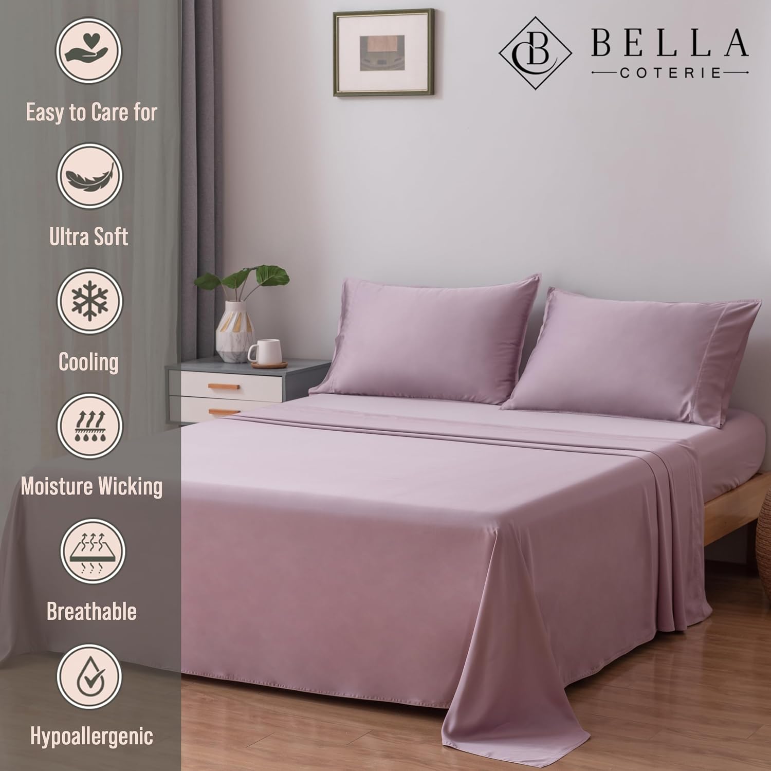 Bella Coterie Luxury Bamboo Viscose Queen Size Sheet Set | 100% Organically Grown | Ultra Soft | Cooling for Hot Sleepers | 18' Deep Pocket [Lilac]